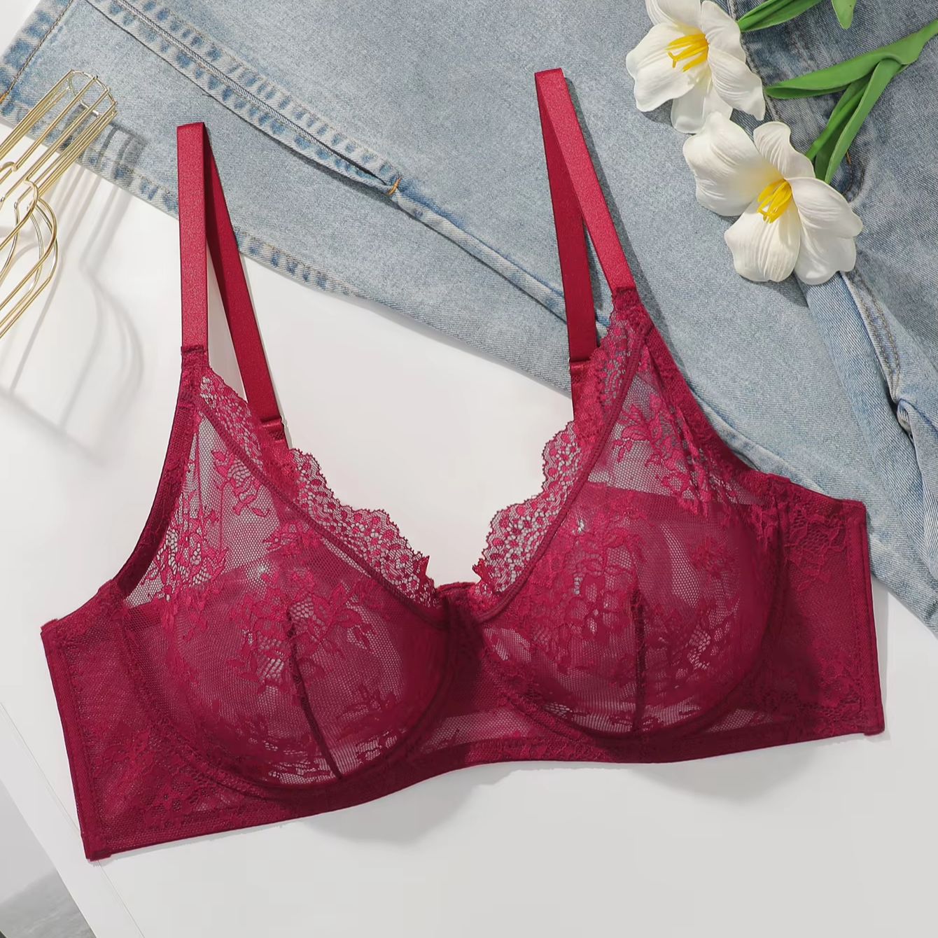 Women Plus Size Red Lace Sheer - Sheer Bra Lace recensione e prezzo